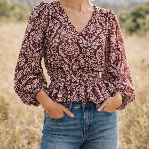 Anthropologie Tops - By Anthropologie Burgundy Jacquard Floral Peasant Blouse Smocked Waist Size L